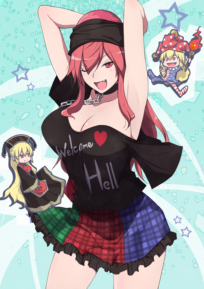 3girls aqua_background armpits arms_behind_head arms_up bare_legs black_dress black_shirt blonde_hair blush breasts chains chibi choker cleavage clothes_writing clownpiece collarbone commentary_request contrapposto dress english eyebrows fang hat hecatia_lapislazuli jester_cap junko_(touhou) large_breasts long_hair looking_at_viewer minigirl multicolored multicolored_clothes multicolored_skirt multiple_girls one_eye_closed otoufu_(wddkq314band) pose red_eyes redhead shirt single_sleeve skirt smile star tabard torch touhou very_long_hair