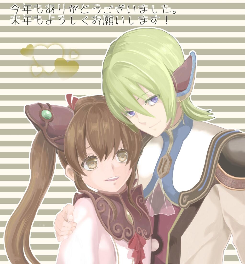 1boy 1girl brown_hair coma_(macaron) commentary_request dress ear_covers faize_scheifa_beleth green_hair long_hair lymle_lemuri_phi pointy_ears short_hair shoulder_pads smile star_ocean star_ocean_the_last_hope twintails violet_eyes