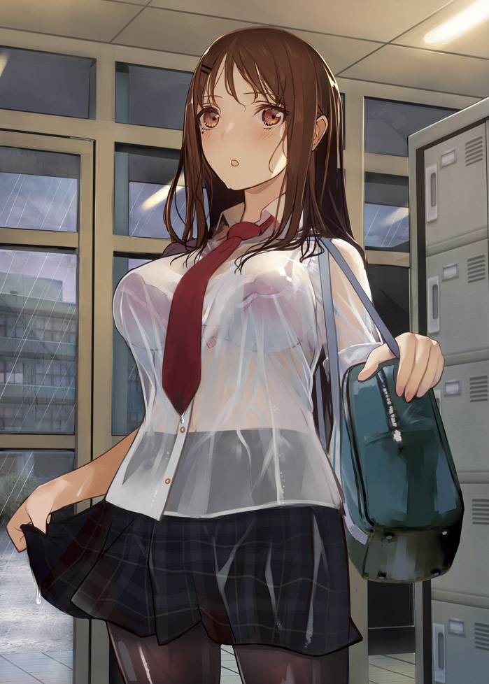 1girl :o bag blush bookbag breasts brown_eyes brown_hair hair_ornament indoors large_breasts locker long_hair looking_at_viewer necktie open_mouth original pantyhose plaid plaid_skirt pupps red_neckwear school_uniform see-through skirt skirt_hold solo standing wet wet_hair window