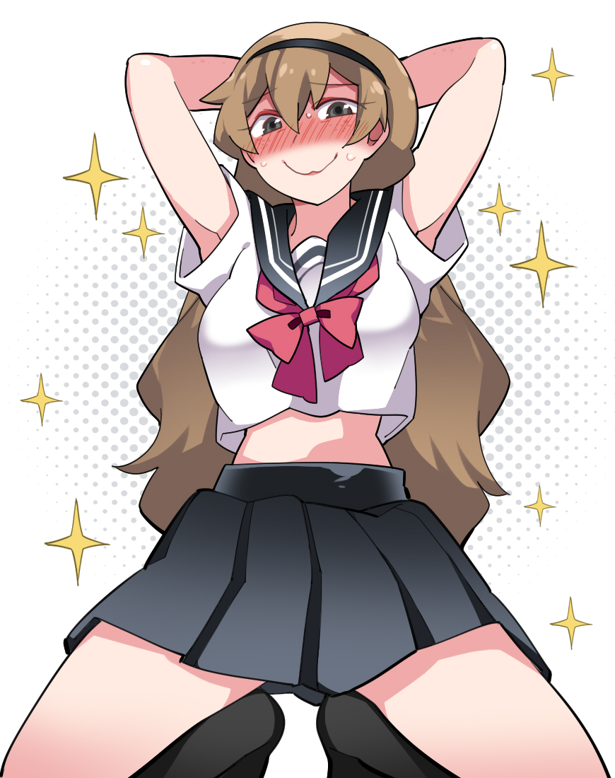 1girl armpits arms_behind_head arms_up blush bow brown_hair commentary_request crop_top grey_eyes hammer_(sunset_beach) long_hair looking_at_viewer original school_uniform serafuku skirt smile solo sparkle squatting