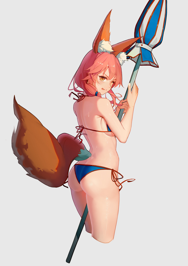1girl :p ;p animal_ears ass beach_umbrella between_legs bikini breasts butt_crack cowboy_shot fate/grand_order fate_(series) from_behind one_eye_closed panties pink_hair side-tie_panties sideboob simple_background soulkiller standing swimsuit tail tongue tongue_out umbrella under_boob underwear