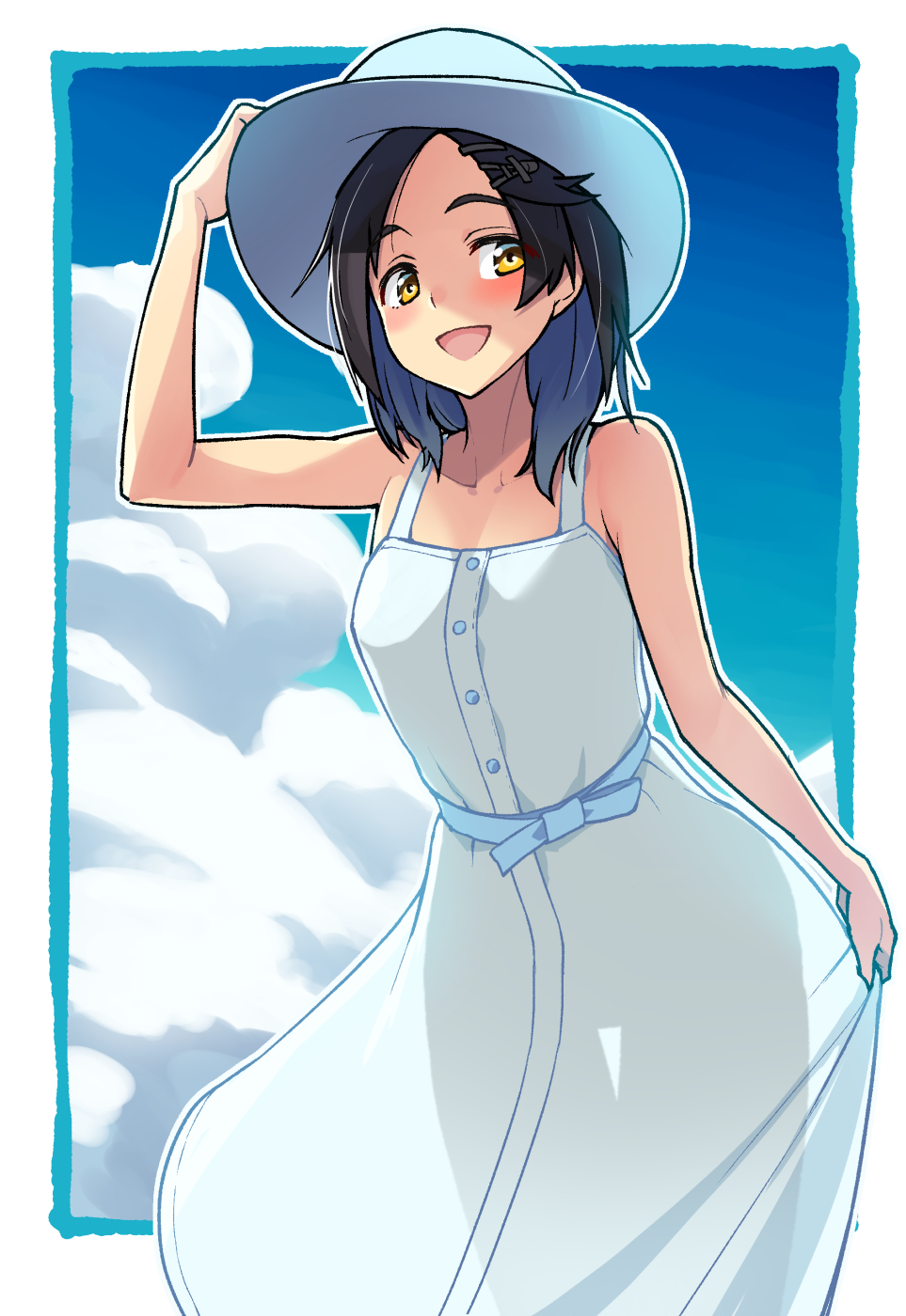 1girl :d arm_up bare_arms bare_shoulders black_hair blue_dress blue_hair blue_sash blue_sky blush border breasts clouds collarbone commentary_request cowboy_shot day dress forehead hair_ornament hairclip hand_on_headwear hat highres kantai_collection kuroshio_(kantai_collection) looking_at_viewer medium_breasts multicolored_hair open_mouth outdoors outside_border sash see-through_silhouette short_hair skirt_hold sky sleeveless sleeveless_dress smile solo standing streaked_hair sun_hat taketora_suzume white_border white_hat yellow_eyes