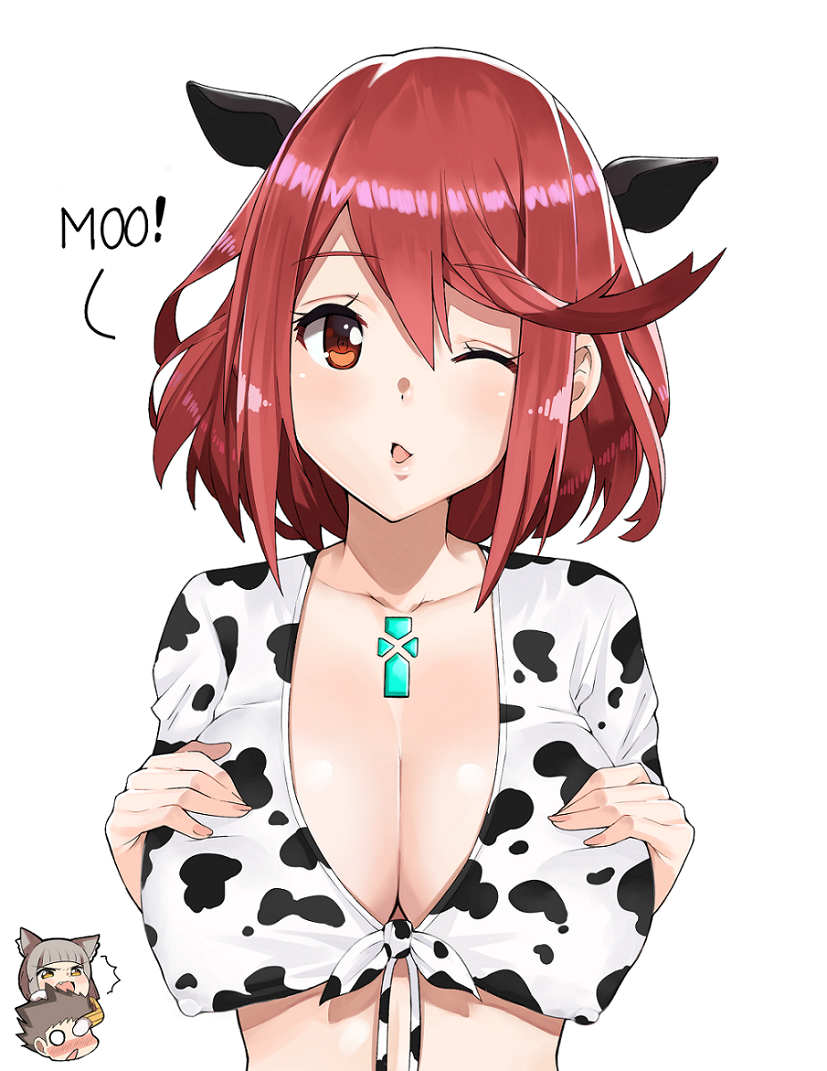 1girl animal_ears animal_print bell bell_collar blush breasts collar cow_bell cow_ears cow_print highres pyra_(xenoblade) j@ck jewelry large_breasts looking_at_viewer one_eye_closed red_eyes redhead short_hair simple_background smile solo tiara xenoblade_(series) xenoblade_2