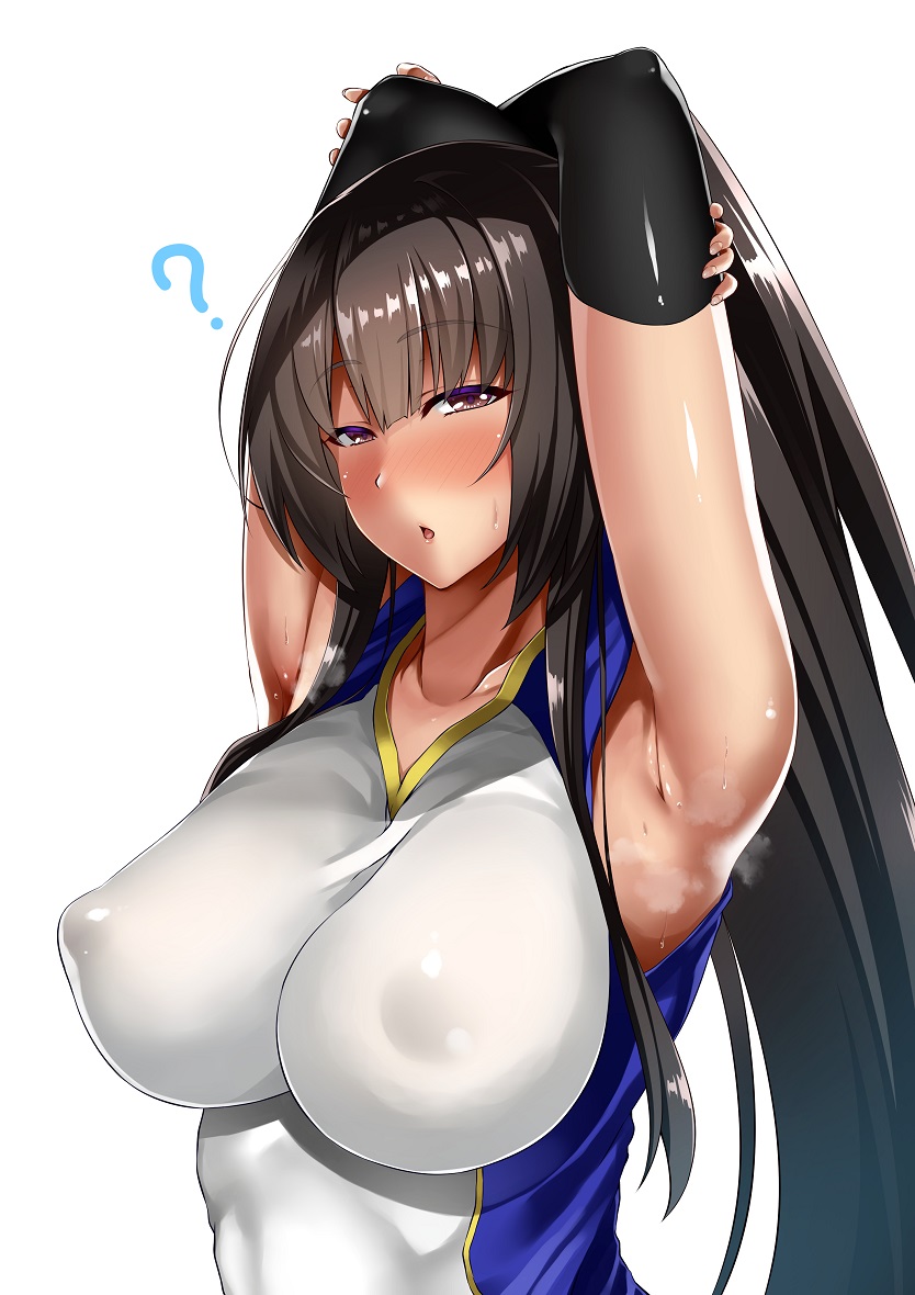 1girl :o armpits arms_behind_head arms_up asakura_kukuri bangs bare_shoulders black_hair blush breasts collarbone commentary_request covered_nipples elbow_sleeve eyebrows_visible_through_hair gym_shirt hair_between_eyes hair_pulled_back large_breasts long_hair looking_at_viewer original ponytail see-through shirt sleeveless sleeveless_shirt solo sportswear steaming_body stretch sweat sweatdrop uniform v-neck volleyball_uniform