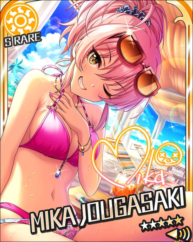 bikini blush brown_eyes character_name idolmaster idolmaster_cinderella_girls jougasaki_mika long_hair pink_hair ponytail smile stars summer sunglasses wink