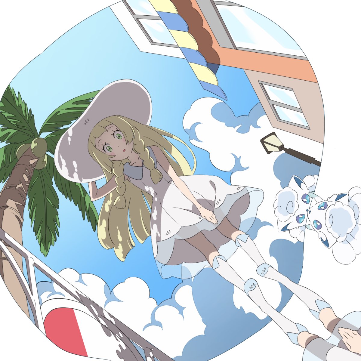 1girl alolan_form alolan_vulpix blonde_hair blue_sky braid clouds creatures_(company) day dress game_freak gen_1_pokemon green_eyes hand_on_headwear hari611 hat highres lamppost lillie_(pokemon) long_hair nintendo palm_tree parted_lips pokemon pokemon_(creature) pokemon_(game) pokemon_sm reflection sky sleeveless sleeveless_dress sun_hat tree twin_braids white_dress white_hat