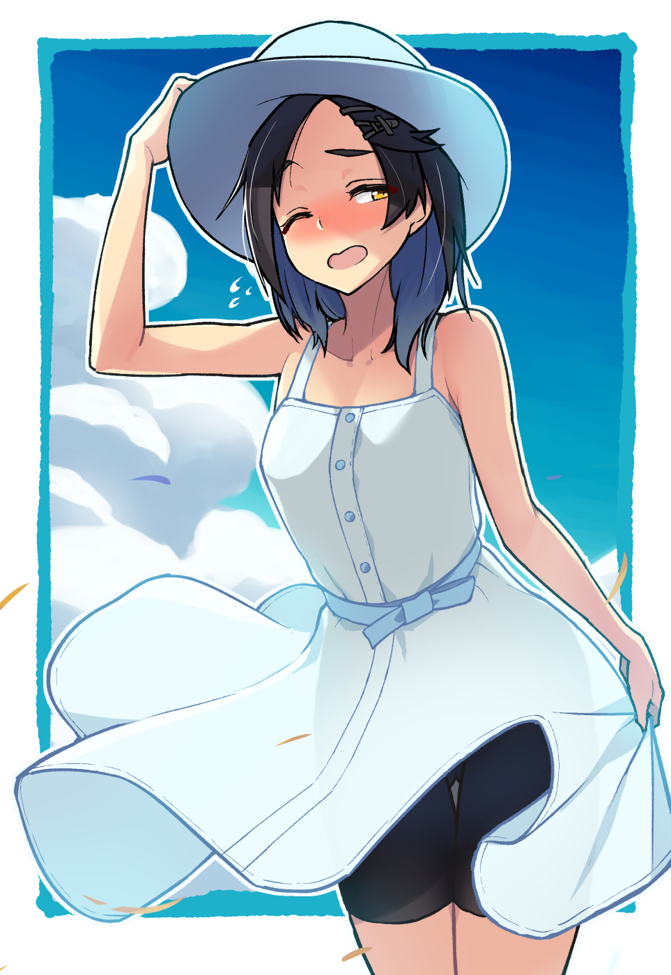 1girl arm_up bare_arms bare_shoulders bike_shorts black_hair black_shorts blue_dress blue_hair blue_hat blue_sash blue_sky blush border breasts clouds collarbone commentary_request cowboy_shot day dress flying_sweatdrops forehead gluteal_fold hair_ornament hairclip hand_on_headwear hat highres kantai_collection kuroshio_(kantai_collection) looking_at_viewer medium_breasts multicolored_hair nose_blush one_eye_closed open_mouth outdoors outside_border sash see-through_silhouette short_hair shorts skirt_hold sky sleeveless sleeveless_dress solo standing streaked_hair sun_hat taketora_suzume thighs white_border wind wind_lift yellow_eyes