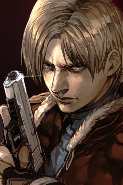 1boy blue_eyes fingerless_gloves frown fur_trim gloves gun handgun hankuri leon_s_kennedy male_focus pistol resident_evil resident_evil_4 trigger_discipline weapon