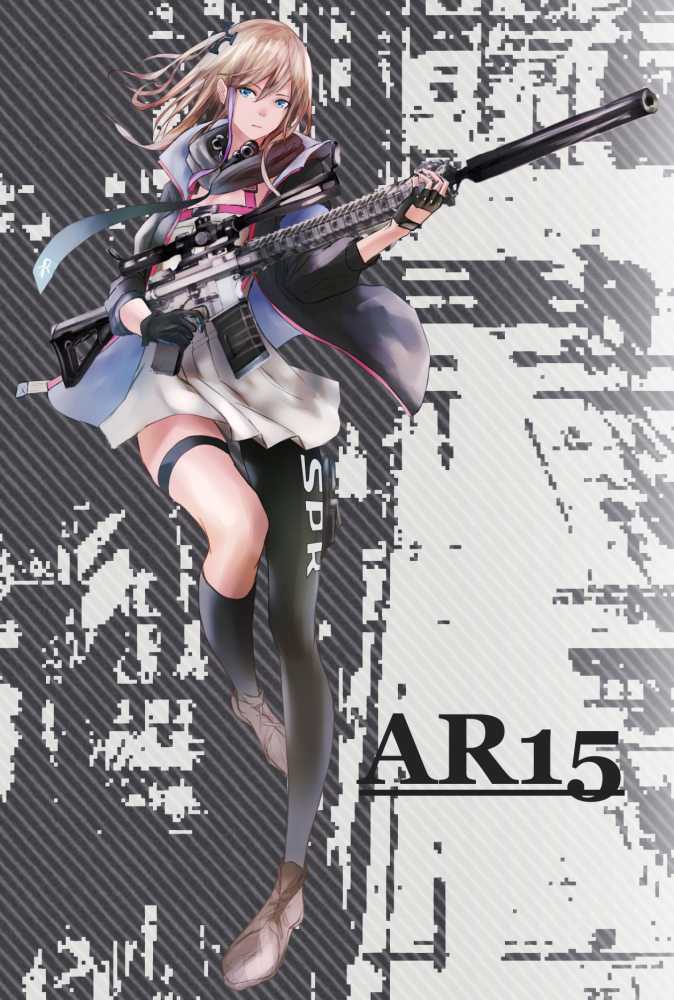 1girl ar-15 asymmetrical_clothes asymmetrical_legwear bangs black_legwear blue_eyes brown_hair character_name clothes_writing coat dress fingerless_gloves full_body garter_belt girls_frontline gloves gun hair_between_eyes hair_ornament hair_ribbon holding holding_gun holding_weapon kneehighs long_hair looking_at_viewer midair miniskirt necktie open_clothes open_coat pleated_skirt ribbon rifle shoes skirt sniper_rifle solo st_ar-15_(girls_frontline) suppressor tanikku thigh-highs weapon white_dress white_skirt wind