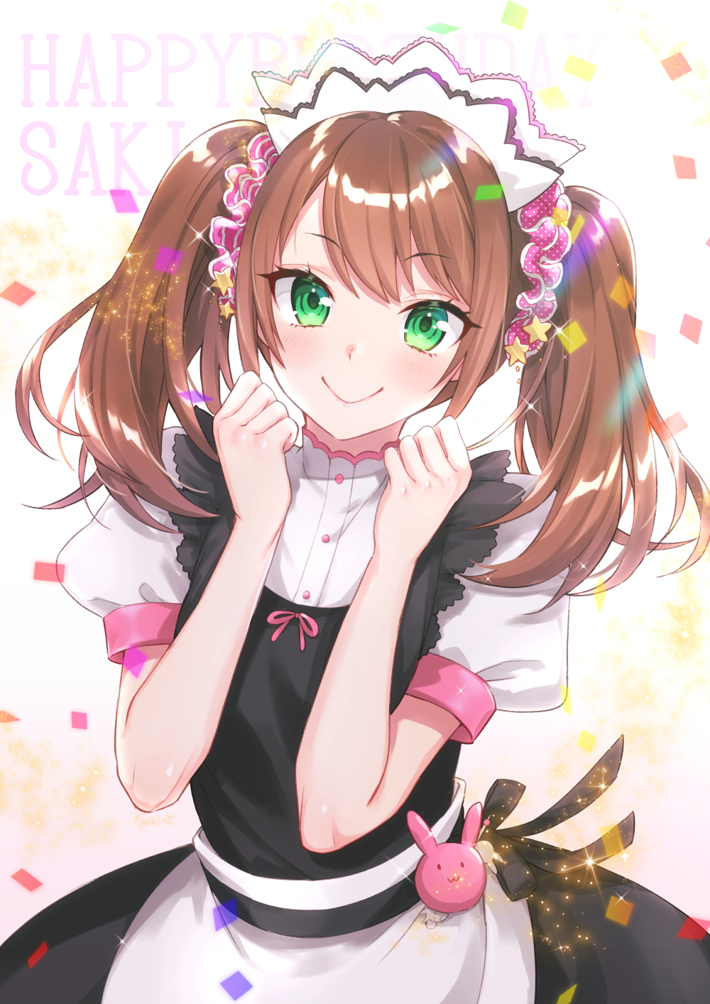 1boy :3 akariko apron bangs black_dress blush brown_hair buttons character_name clenched_hands closed_mouth commentary_request confetti crossdressinging dress eyebrows_visible_through_hair green_eyes hair_ornament hair_scrunchie hands_up happy_birthday head_tilt highres idolmaster idolmaster_side-m light_particles long_hair looking_at_viewer maid maid_headdress male_focus mizushima_saki otoko_no_ko pink_ribbon pink_scrunchie polka_dot polka_dot_scrunchie puffy_short_sleeves puffy_sleeves ribbon scrunchie shiny shiny_hair shirt short_sleeves sidelocks simple_background smile solo sparkle star star_hair_ornament striped striped_scrunchie swept_bangs twintails waist_apron white_apron white_background white_shirt