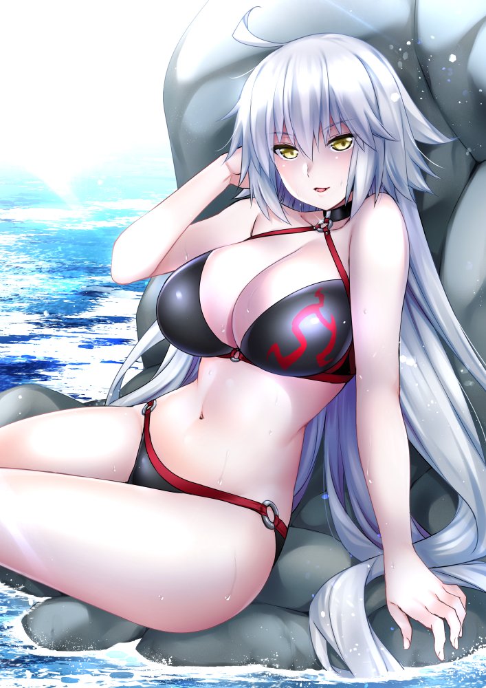1girl abe_inori ahoge bikini black_bikini blonde_hair breasts choker cleavage commentary_request eyebrows_visible_through_hair fate/grand_order fate_(series) hair_between_eyes jeanne_d'arc_(alter_swimsuit_berserker) jeanne_d'arc_(fate)_(all) large_breasts long_hair looking_at_viewer navel o-ring ocean outdoors rock sky solo swimsuit yellow_eyes