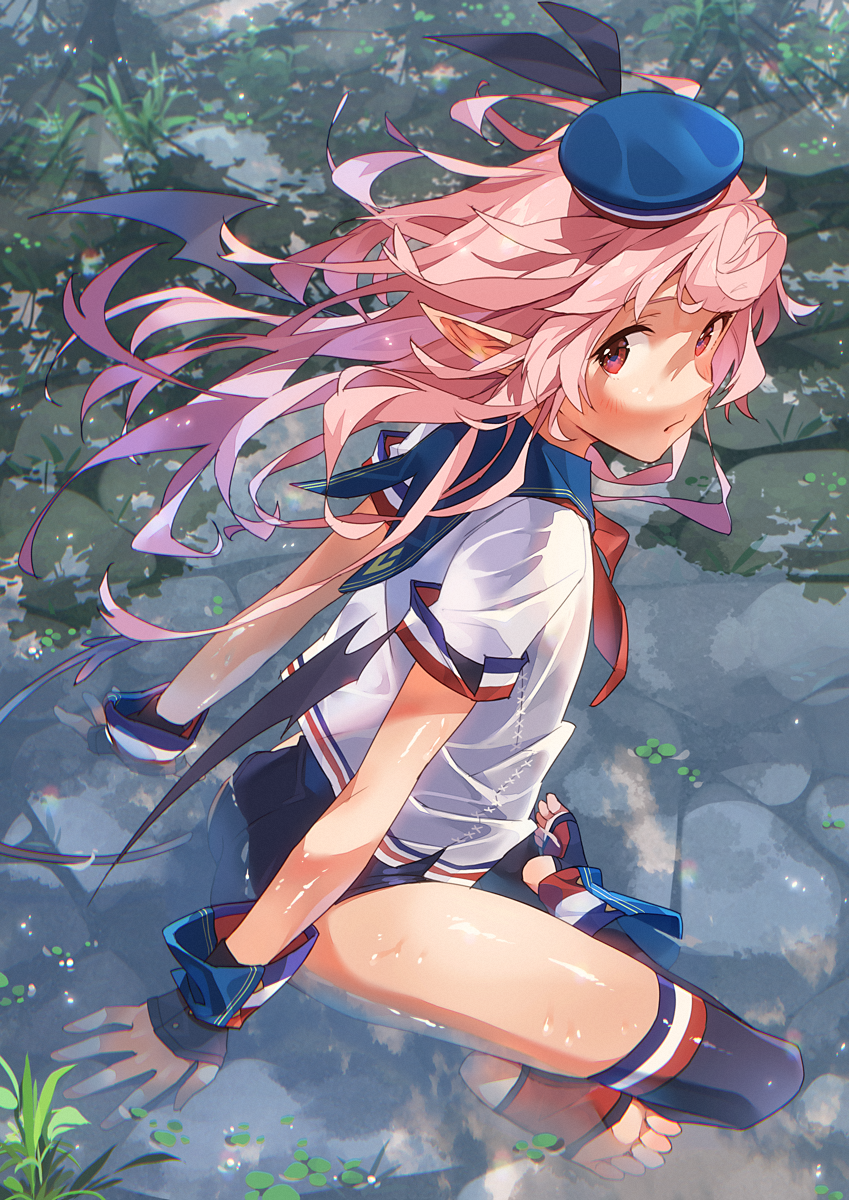 1girl ass black_bow black_legwear blue_hat blue_sailor_collar blue_swimsuit bow commentary_request detached_sleeves from_side hat hat_bow highres long_hair looking_at_viewer narumi_arata neckerchief one-piece_swimsuit original parted_lips pink_eyes pink_hair pointy_ears recri red_neckwear sailor_collar sailor_hat school_swimsuit school_uniform serafuku shirt short_sleeves sitting soaking_feet solo stirrup_legwear swimsuit thigh-highs toeless_legwear wet white_shirt