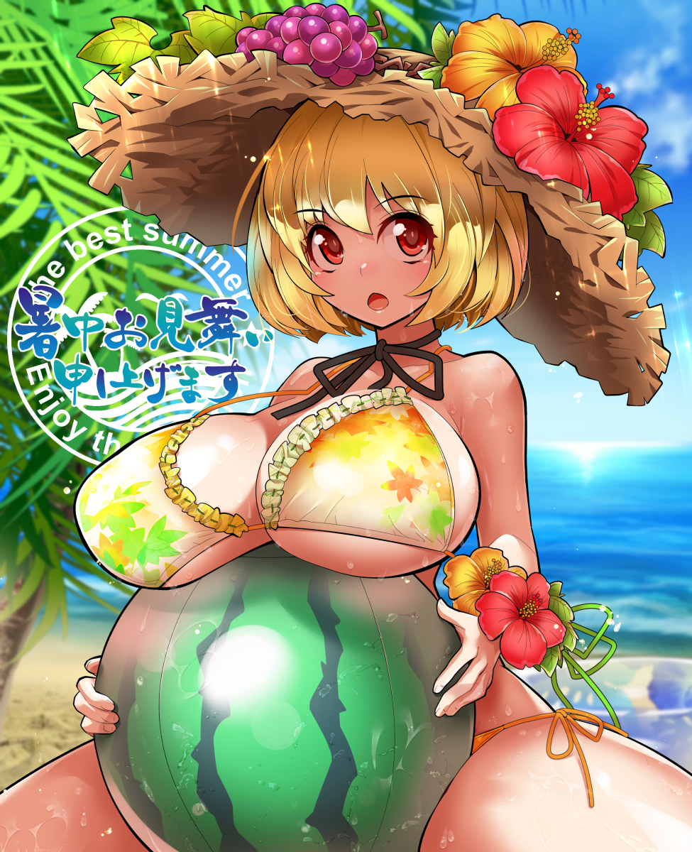 1girl :o aki_minoriko ball beach beachball bikini blonde_hair breast_rest breasts corsage flower food food-themed_clothes frilled_bikini frills fruit grapes hair hat hibiscus highres huge_breasts leaf_print neck_ribbon ocean open_mouth palm_tree red_eyes ribbon short sitting solo straw_hat summer swimsuit touhou tree umigarasu_(kitsune1963)