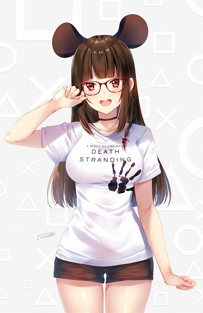 1girl :d abstract_background adjusting_eyewear animal_ears arm_up bangs black_choker blunt_bangs blush braid breasts brown_hair brown_shorts choker clothes_writing collarbone commentary_request cowboy_shot death_stranding glasses grey_background hair_ribbon large_breasts long_hair mouse_ears open_mouth original partial_commentary red-framed_eyewear red_eyes red_ribbon ribbon round_teeth shirt short_shorts short_sleeves shorts signature smile solo straight_hair teeth thighs upper_teeth white_shirt zinno