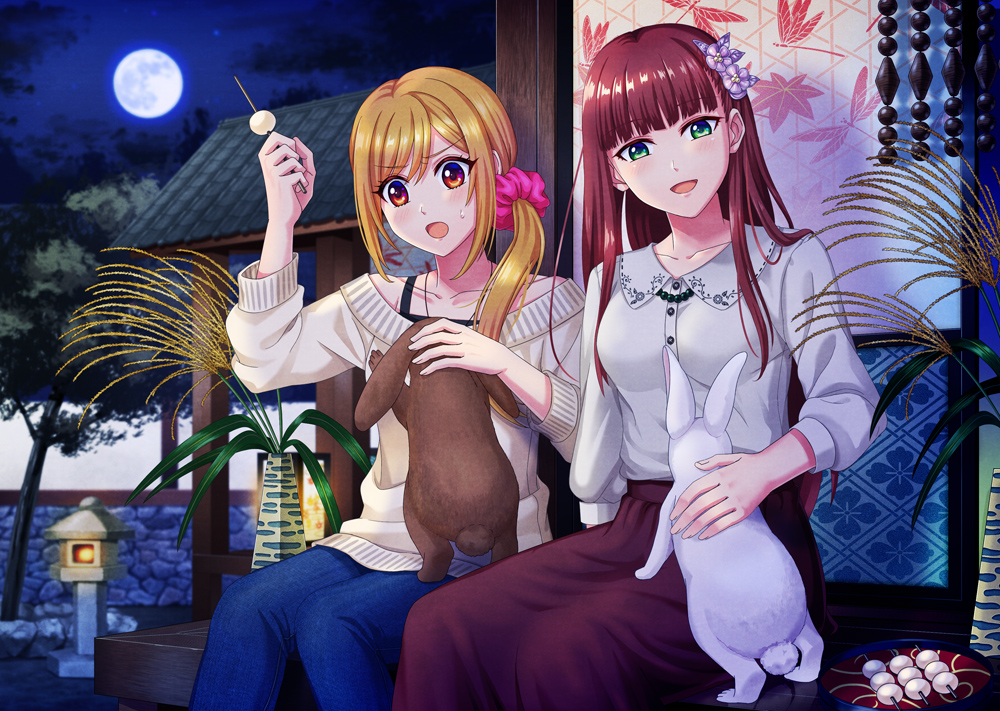 2girls :d :o animal animal_on_lap architecture bangs blonde_hair blue_pants blunt_bangs brown_hair brown_skirt dango denim east_asian_architecture flower food full_body green_eyes hair_flower hair_ornament hand_up leaf_print long_hair looking_at_viewer mojuke multiple_girls night night_sky open_mouth original outdoors pants petting plant ponytail potted_plant rabbit red_eyes scrunchie sitting skirt sky smile stone_lantern sweat sweater wagashi wall