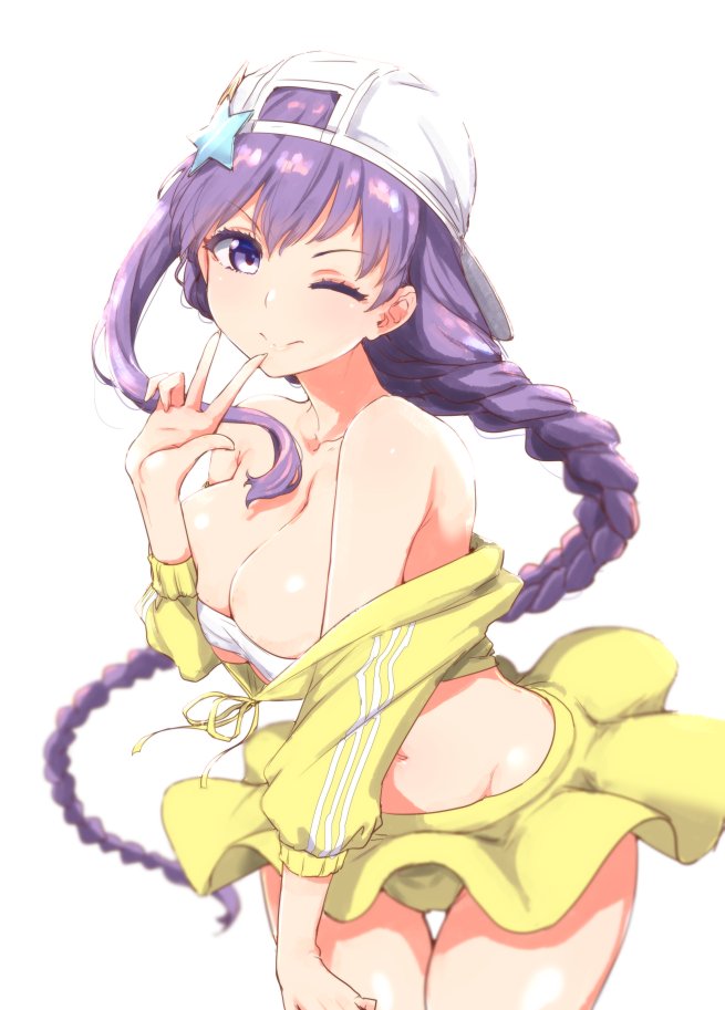 1girl backwards_hat bangs bare_shoulders baseball_cap bb_(swimsuit_mooncancer)_(fate) breasts clearite cleavage closed_mouth collarbone cropped_jacket fate/grand_order fate_(series) hand_gesture hat hips jacket large_breasts long_hair looking_at_viewer navel off_shoulder one_eye_closed purple_hair simple_background skirt smile solo star star_hat_ornament thighs very_long_hair violet_eyes w waist white_background white_bikini_top white_hat yellow_jacket yellow_skirt