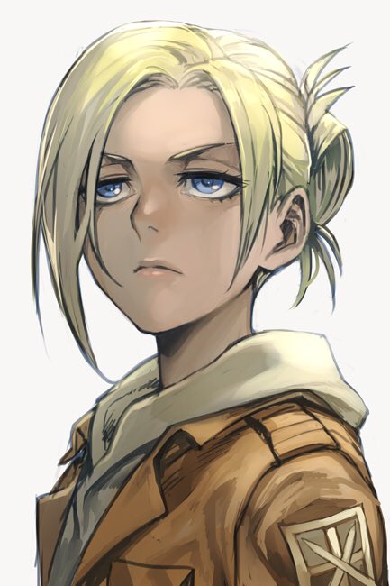 1girl annie_leonhardt blonde_hair blue_eyes grey_background hair_bun hankuri military military_jacket military_uniform portrait shingeki_no_kyojin uniform