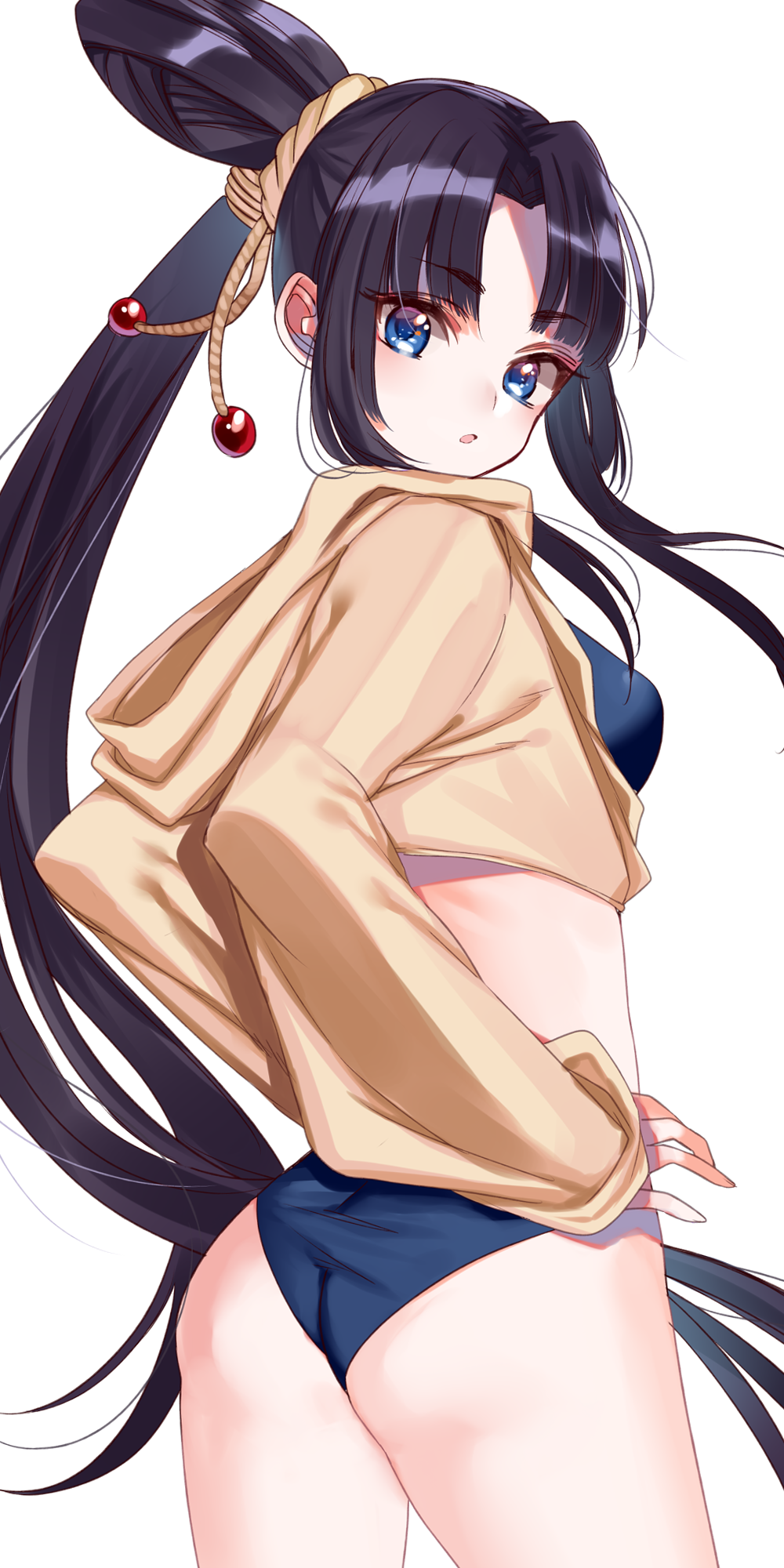 1girl :o ass bangs bikini black_hair blue_bikini blue_eyes blush breasts cowboy_shot eyebrows_visible_through_hair fate/grand_order fate_(series) fingernails forehead hand_on_hip highres hood hood_down hooded_jacket jacket long_hair long_sleeves looking_at_viewer looking_back medium_breasts misumi_(macaroni) open_clothes open_jacket parted_bangs parted_lips ponytail simple_background sleeves_past_wrists solo swimsuit ushiwakamaru_(fate/grand_order) ushiwakamaru_(swimsuit_assassin)_(fate) very_long_hair white_background yellow_jacket