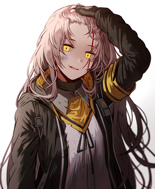 1girl :d armband bangs black_jacket blood brown_hair bruise bruise_on_face damaged facing_viewer fingerless_gloves girls_frontline gloves hair_ornament hand_on_own_head hood hood_down hooded_jacket injury jacket long_hair looking_at_viewer neck_ribbon one_side_up open_clothes open_jacket open_mouth ribbon scar scar_across_eye scarf shirt sidelocks silence_girl simple_background smile torn_clothes ump45_(girls_frontline) upper_body white_background white_ribbon white_shirt yellow_eyes