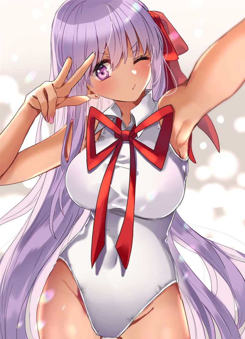 1girl bb_(swimsuit_mooncancer)_(fate) blush bow bowtie breasts earrings fate/grand_order fate_(series) fingernails hair_ribbon jewelry large_breasts leotard long_hair looking_at_viewer maco_spl one_eye_closed purple_hair reaching ribbon smile solo tan v very_long_hair violet_eyes