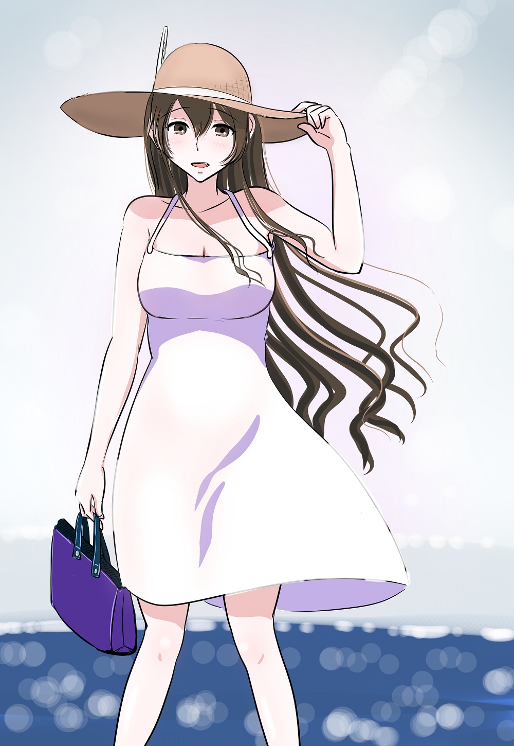 1girl alternate_costume ashigara_(kantai_collection) bag bare_shoulders blurry blurry_background blush breasts brown_eyes brown_hair cleavage dress eyebrows_visible_through_hair hair_between_eyes handbag hat highres kantai_collection knees_together_feet_apart long_hair osage_gankyou raised_eyebrows solo straw_hat sundress very_long_hair