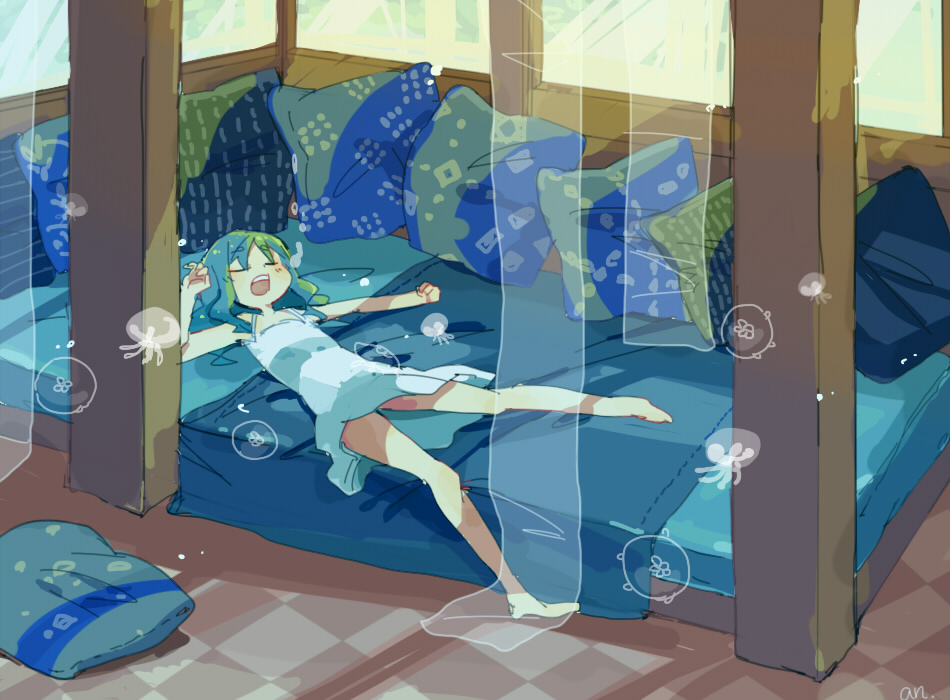 1girl aano_(10bit) air_bubble bed bed_sheet blanket blue_hair bubble dress eyebrows_visible_through_hair heartcatch_precure! indoors jellyfish kurumi_erika long_hair lying on_back on_bed open_mouth pillow precure signature sleeping sleeveless sleeveless_dress snoring solo submerged sundress teeth underwater upper_teeth