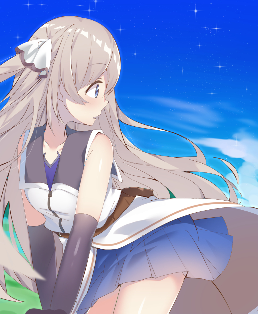 1girl bare_shoulders belt blue_eyes blue_sky blush bow day dera_ix hair_bow hair_ribbon kuga_asahi long_hair outdoors ribbon shichisei_no_subaru skirt sky solo