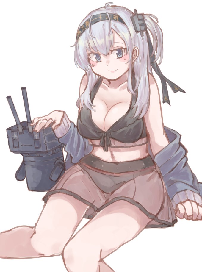 1girl az_toride bikini_bottom bikini_skirt bikini_top blue_eyes blush breasts chou-10cm-hou-chan cleavage hachimaki hair_ornament headband jacket kantai_collection large_breasts long_hair looking_at_viewer see-through silver_hair sitting smile solo suzutsuki_(kantai_collection)