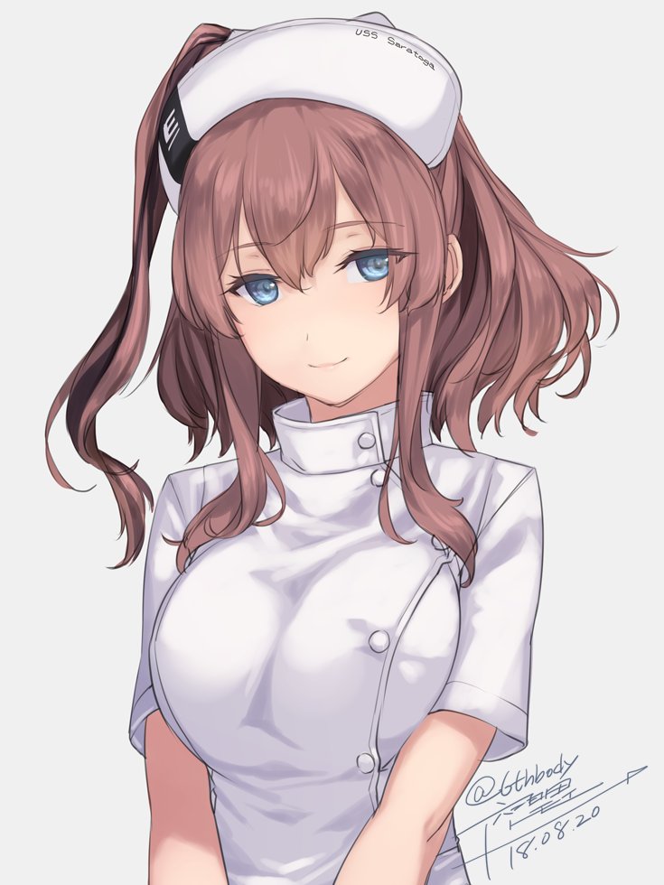 1girl bangs blue_eyes blush breasts brown_hair character_name closed_mouth dated eyebrows_visible_through_hair grey_background hair_between_eyes hat kantai_collection large_breasts long_hair looking_at_viewer nurse nurse_cap ponytail rokuwata_tomoe saratoga_(kantai_collection) side_ponytail sidelocks signature simple_background smile solo twitter_username upper_body
