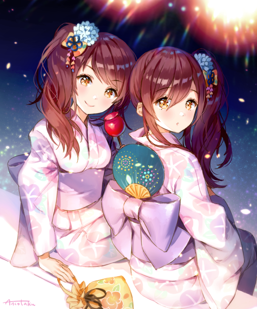 2girls aerial_fireworks ancotaku back_bow bangs blue_flower blurry blurry_background blush bow brown_eyes brown_hair candy_apple closed_mouth commentary_request depth_of_field eyebrows_visible_through_hair fan fireworks floral_print flower food hair_between_eyes hair_flower hair_ornament head_tilt idolmaster idolmaster_shiny_colors japanese_clothes kimono long_hair long_sleeves multiple_girls obi oosaki_amana oosaki_tenka paper_fan pink_kimono print_kimono purple_bow sash siblings side_ponytail signature sisters sitting smile twins wide_sleeves