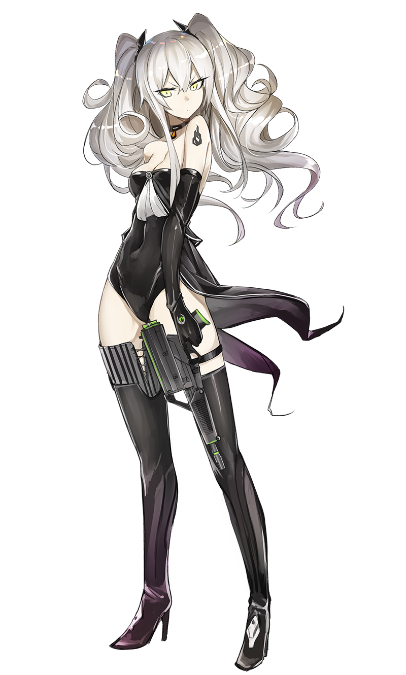 1girl alternate_costume bangs black_footwear black_gloves black_leotard blush boots breasts choker cleavage closed_mouth corruption eyebrows_visible_through_hair full_body girls_frontline gloves gun hair_between_eyes hair_ribbon handgun head_tilt high_heel_boots high_heels highres holding holding_gun holding_weapon leotard long_hair looking_at_viewer luse_maonang m950a m950a_(girls_frontline) medium_breasts messy_hair ribbon sangvis_ferri sidelocks simple_background solo tattoo thigh-highs thigh_boots thigh_strap twintails two_side_up weapon white_background white_hair yellow_eyes
