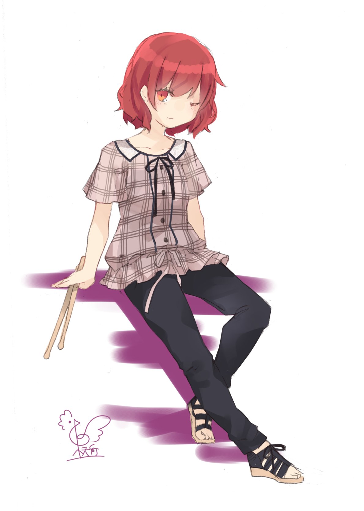 1girl ;) alternate_costume arm_support beige_shirt black_pants black_ribbon blush breasts brown_footwear casual collarbone commentary_request contemporary drumsticks full_body highres holding horikawa_raiko looking_at_viewer no_nose one_eye_closed pants plaid plaid_shirt red_eyes redhead ribbon sandals shirt short_hair short_sleeves signature simple_background sitting sketch small_breasts smile solo touhou toutenkou white_background