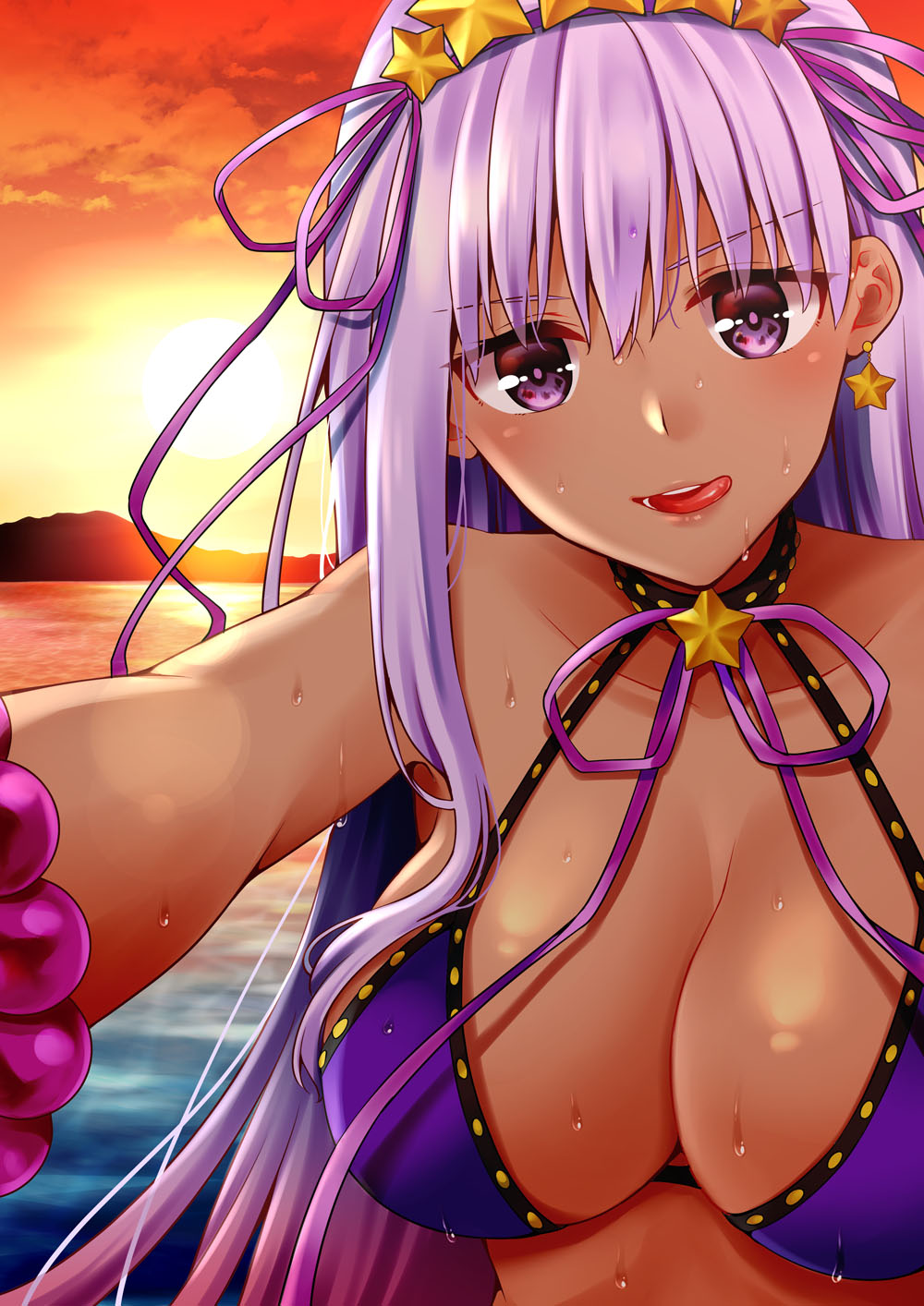 1girl :q asazuki_norito backlighting bangs bare_shoulders bb_(fate/extra_ccc) bead_bracelet beads bikini bikini_top blush bracelet breasts cleavage commentary_request dark_skin earrings evening eyebrows_visible_through_hair fate/grand_order fate_(series) hair_ornament hair_ribbon halter_top halterneck highres jewelry licking_lips long_hair looking_at_viewer mountainous_horizon naughty_face open_mouth outstretched_arm purple_bikini purple_ribbon red_sky ribbon shiny shiny_hair shiny_skin sky solo star star_earrings star_hair_ornament straight_hair sunlight sunset swimsuit tongue tongue_out v-shaped_eyebrows very_long_hair violet_eyes water_drop wet
