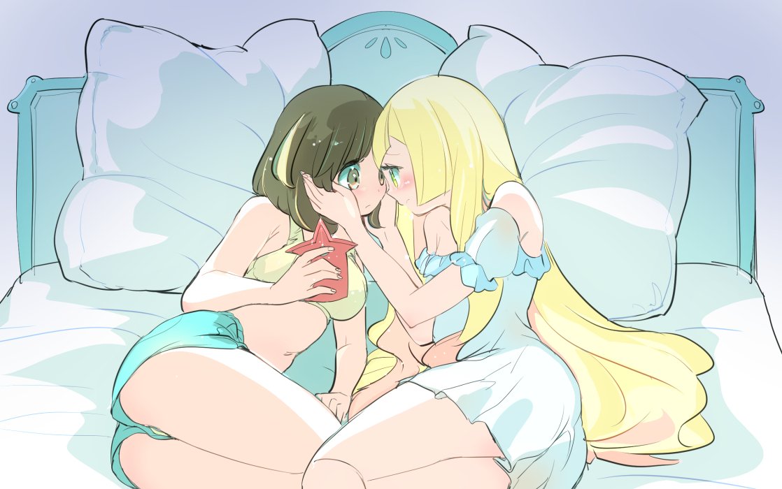 2girls ass bangs bed bedroom blonde_hair blush bra breasts chorimokki creatures_(company) cuddling dress facing_another game_freak gen_4_pokemon green_eyes green_shorts grey_eyes hands_on_another's_face incoming_kiss lillie_(pokemon) long_hair lying midriff mizuki_(pokemon) multiple_girls navel nintendo on_bed on_side open_mouth pillow pokemon pokemon_(game) pokemon_sm rotom rotom_dex short_hair shorts simple_background smile spooning underwear yuri