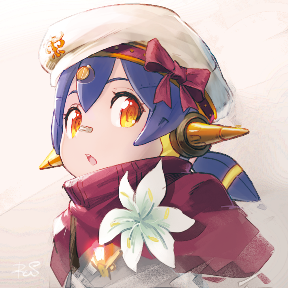 :o bandaid bandaid_on_nose blue_hair bow capelet commentary_request copyright_request flower hair_ornament hana_(xenoblade) hat hat_bow headgear mechanical_ears nintendo orange_eyes parted_lips pink_bow red_capelet reiesu_(reis) ringed_eyes signature solo upper_body white_flower white_hat xenoblade xenoblade_(series) xenoblade_2