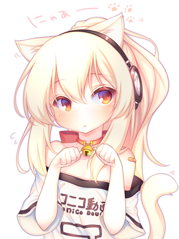 1girl animal_ears ayanami_(azur_lane) azur_lane bandaid_on_arm bare_shoulders bell bell_collar blonde_hair blush bow brown_eyes cat_ears cat_girl cat_tail collar commentary_request flying_sweatdrops hands_up head_tilt headphones jingle_bell kemonomimi_mode long_hair looking_at_viewer off-shoulder_shirt off_shoulder parted_lips paw_pose ponytail red_bow sakurato_ototo_shizuku shirt short_sleeves simple_background solo tail tail_raised translated upper_body white_background white_shirt wide_sleeves