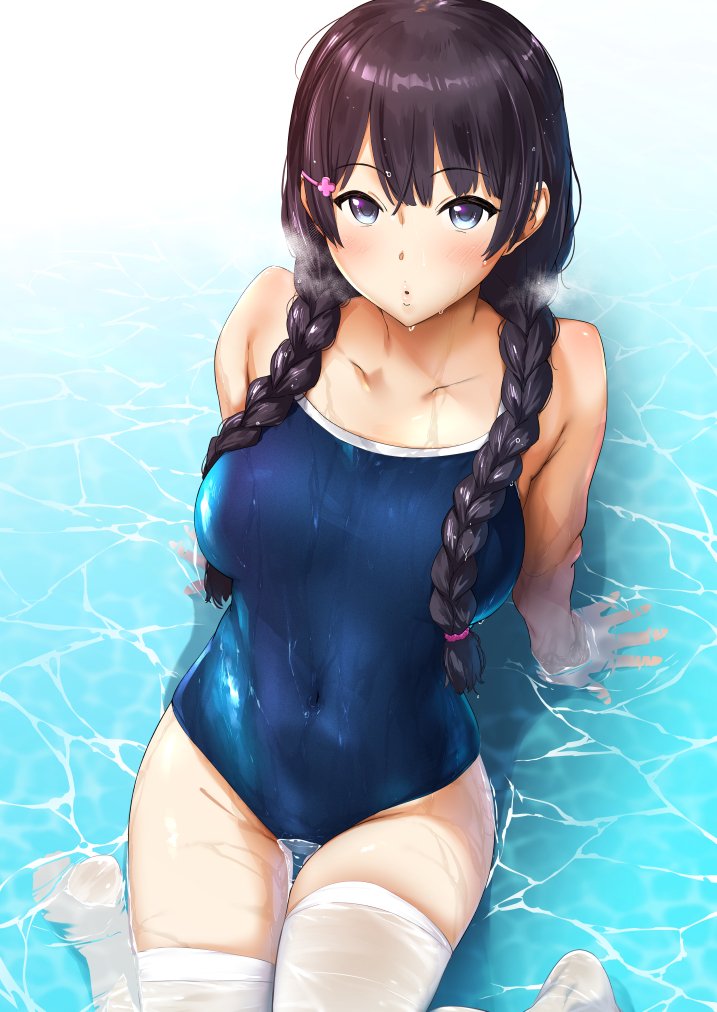 1girl bangs bare_arms bare_shoulders black_hair blue_eyes blush braid breasts collarbone commentary competition_school_swimsuit covered_navel eyebrows_visible_through_hair hair_ornament hairclip in_water large_breasts leaning_back lips looking_at_viewer navel nijisanji no_shoes one-piece_swimsuit partially_submerged pija_(pianiishimo) shallow_water sitting solo steaming_body swimsuit thigh-highs tsukino_mito twin_braids wariza water wet wet_thighhighs white_legwear