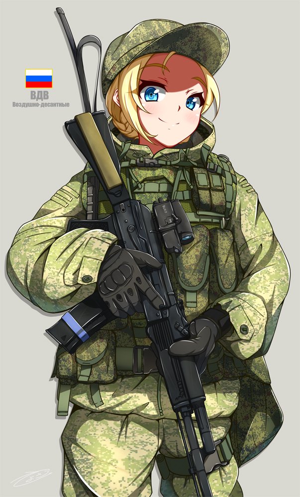 1girl assault_rifle blonde_hair blue_eyes braid bulletproof_vest camouflage commentary_request copyright_request cowboy_shot cyrillic green_hat green_jacket green_pants grey_background gun hat holding holding_gun holding_weapon jacket long_sleeves looking_at_viewer military pants peaked_cap pouch rifle russian russian_flag sayossa_(pak-front) scope short_hair simple_background smile solo standing translated trigger_discipline vest weapon