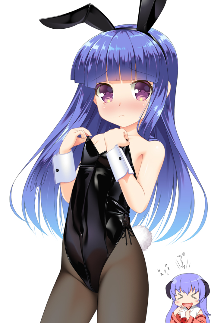 &gt;_&lt; 2girls :d animal_ears bangs bare_shoulders black_legwear black_leotard blue_hair blunt_bangs blush bunny_girl bunnysuit closed_eyes closed_mouth erect_nipples eyebrows_visible_through_hair furude_rika gaou hanyuu highleg highleg_leotard higurashi_no_naku_koro_ni horns leotard long_hair looking_at_viewer multiple_girls nose_blush open_mouth pantyhose purple_hair rabbit_ears simple_background smile solo_focus strapless strapless_leotard tears translated very_long_hair violet_eyes white_background wrist_cuffs xd