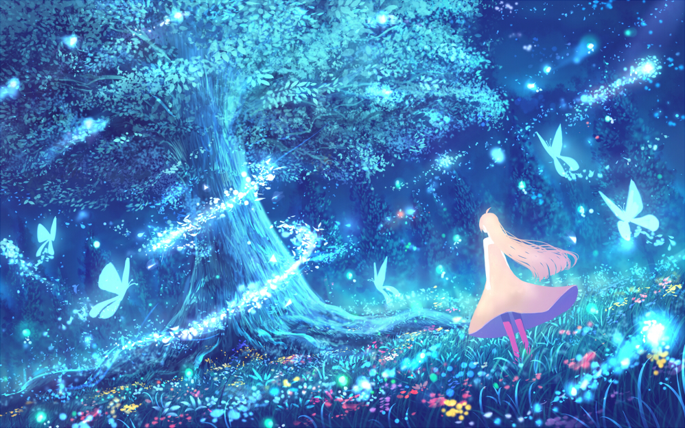 ahoge bare_arms bare_shoulders blue bug butterfly dress facing_away fantasy field flower from_behind insect long_hair magic meadow original outdoors pantyhose red_flower sakimori_(hououbds) scenery standing tree very_long_hair yellow_flower