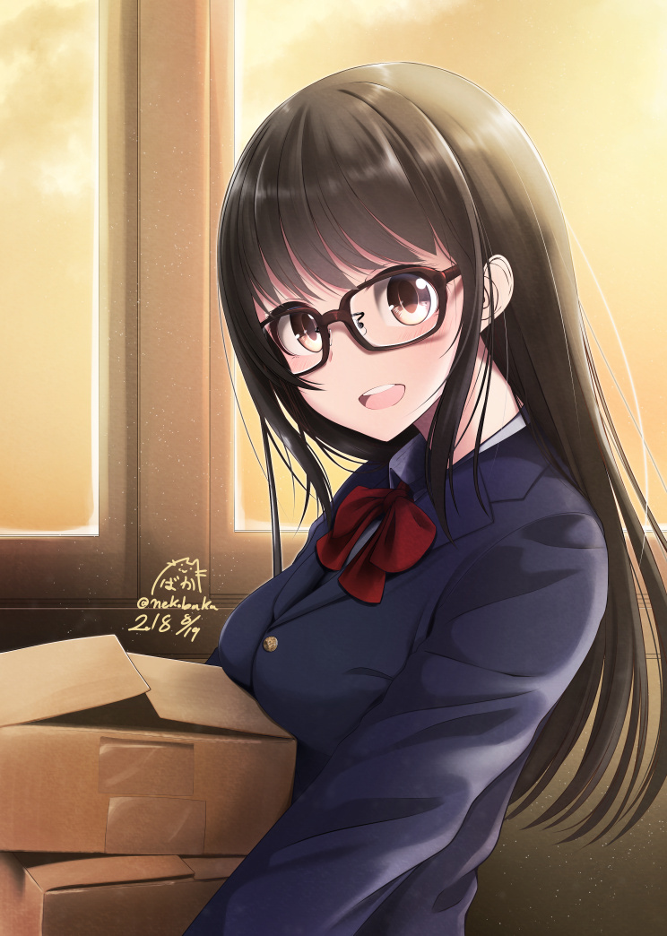 1girl :d bangs blue_jacket blush bow bowtie box brown-framed_eyewear brown_eyes brown_hair cardboard_box clouds collared_shirt commentary_request dated from_side glasses indoors jacket light_particles long_hair long_sleeves looking_at_viewer looking_to_the_side nekobaka open_mouth original red_neckwear round_teeth school_uniform shirt signature sky smile solo teeth twitter_username upper_body white_shirt window wing_collar