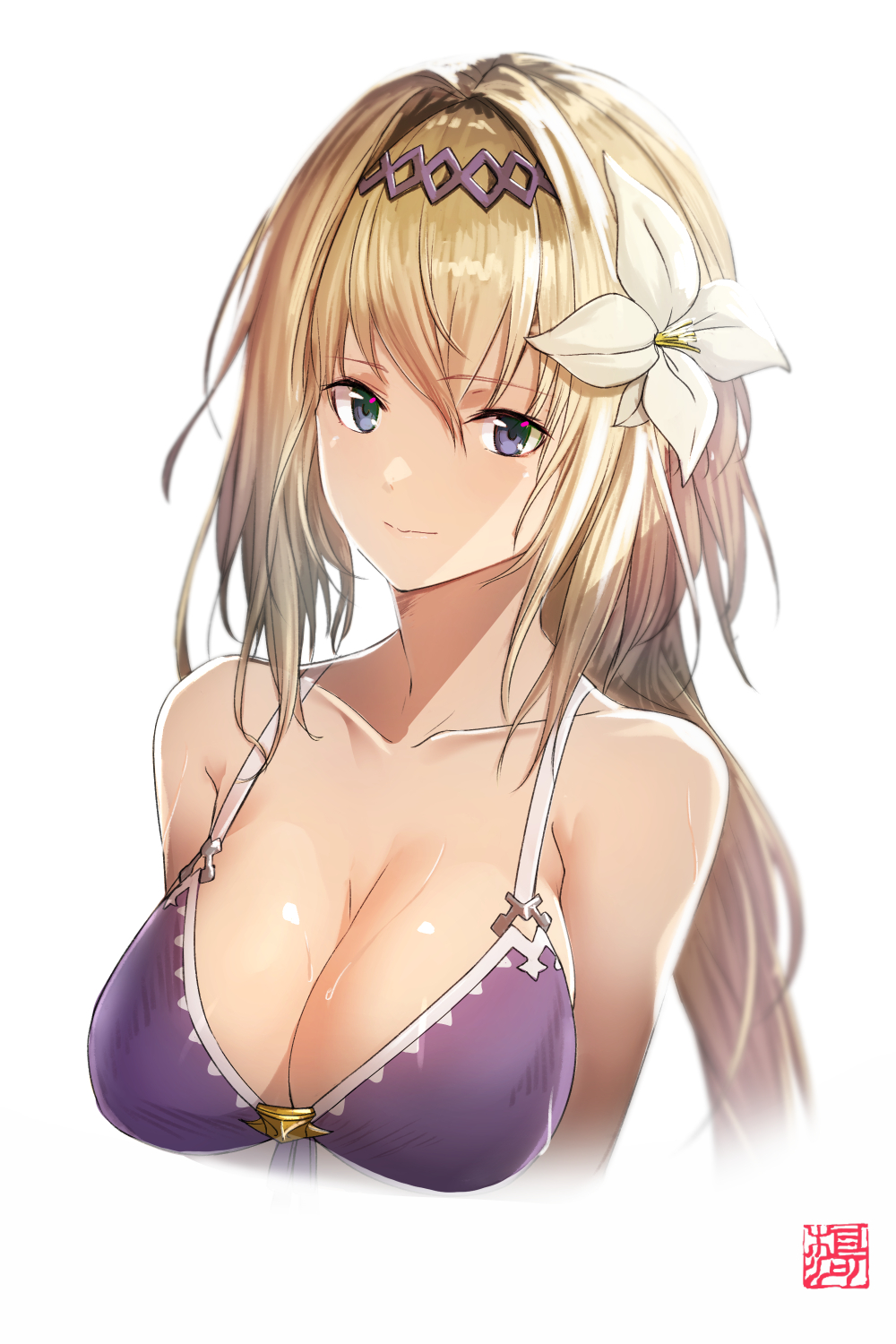 bikini blonde_hair breasts cleavage collarbone eyebrows_visible_through_hair flower front-tie_bikini front-tie_top goemon1110 granblue_fantasy hair_between_eyes hair_flower hair_intakes hair_ornament hairband highres jeanne_d'arc_(granblue_fantasy) large_breasts light_smile lily_(flower) long_hair purple_bikini purple_hairband swimsuit upper_body violet_eyes wet white_flower