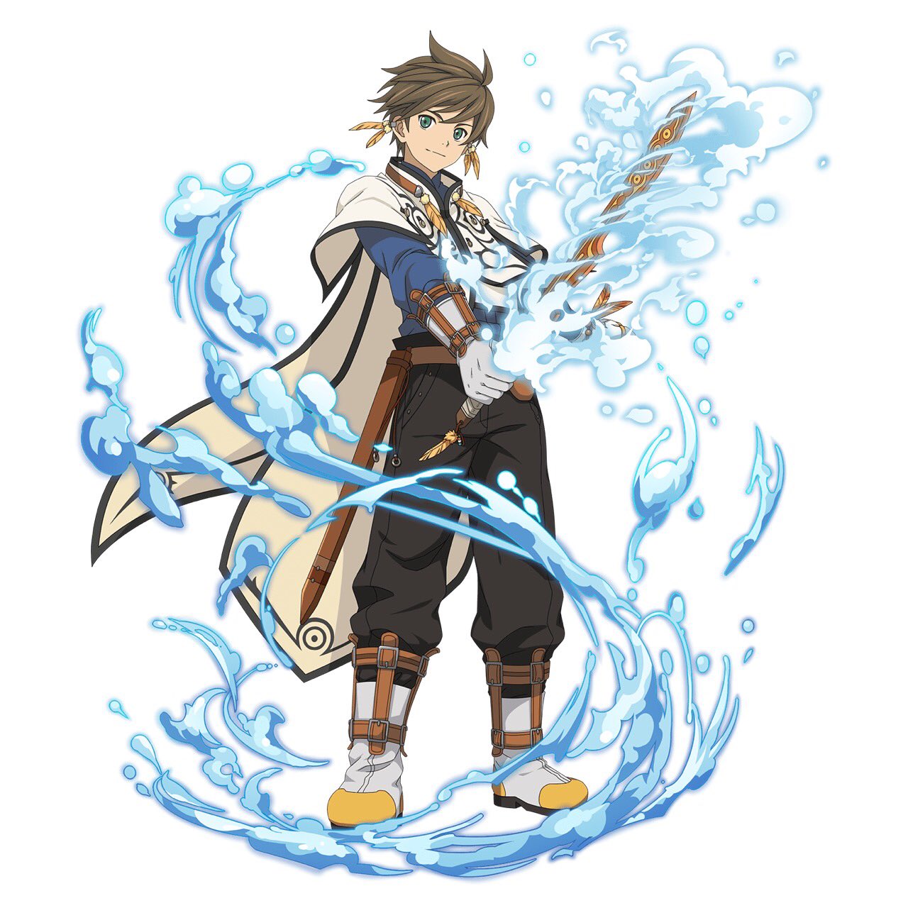 1boy black_pants blue_shirt boots brown_hair cape earrings feather_earrings full_body gloves green_eyes grey_footwear grey_gloves hair_between_eyes highres holding holding_sword holding_weapon jewelry looking_at_viewer pants sheath shirt simple_background smile solo sorey_(tales) spiky_hair standing sword tales_of_(series) tales_of_zestiria unsheathed water weapon white_background white_cape