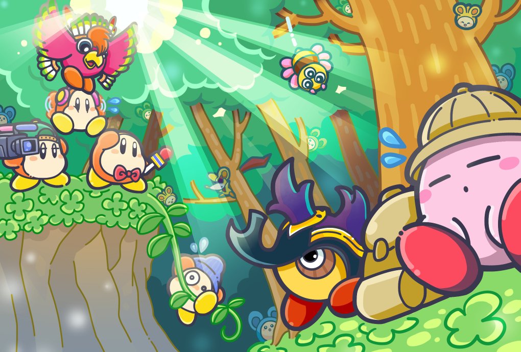 backpack bag beetley bird birdon bow bowtie commentary_request como_(kirby) flying_sweatdrops forest headdress headphones helmet hoshi_no_kirby hoshi_no_kirby_3 hoshi_no_kirby_sanjou!_dorocche_dan kirby kirby's_dream_land_3 kirby_(series) kirby_squeak_squad light_rays microphone mouse native_american_headdress nature official_art pith_helmet plant red_neckwear sleeping spinni squeakers sunbeam sunlight tree video_camera vines waddle_dee waving_arms