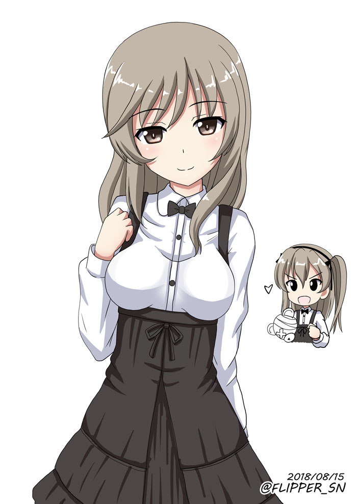 2girls arm_behind_back bangs black_neckwear black_ribbon black_skirt boko_(girls_und_panzer) bow bowtie brown_eyes casual clenched_hand closed_mouth collared_shirt commentary cosplay dated eyebrows_visible_through_hair flipper girls_und_panzer hair_ribbon heart high-waist_skirt holding holding_stuffed_animal layered_skirt light_brown_hair long_hair long_sleeves looking_at_viewer mature medium_skirt mother_and_daughter multiple_girls ribbon shimada_arisu shimada_arisu_(cosplay) shimada_chiyo shirt side_ponytail simple_background skirt smile stuffed_animal stuffed_toy suspender_skirt suspenders teddy_bear twitter_username upper_body white_background white_shirt