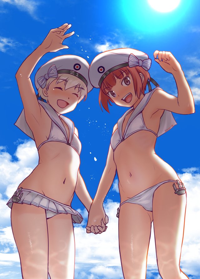 2girls bikini bikini_skirt blue_sky brown_eyes brown_hair closed_eyes clothes_writing clouds commentary_request cowboy_shot day frilled_bikini frilled_skirt frills from_below hand_holding hat kantai_collection looking_at_viewer mu-pyon multiple_girls sailor_bikini sailor_collar sailor_hat shade silver_hair skirt sky sun swimsuit white_bikini white_hat z1_leberecht_maass_(kantai_collection) z3_max_schultz_(kantai_collection)