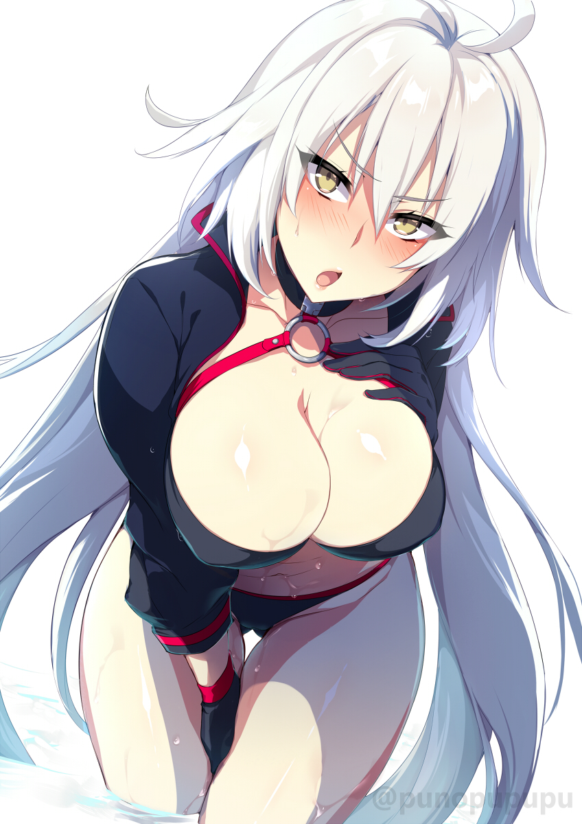 1girl :o ass_visible_through_thighs bent_over blush breasts choker cleavage collarbone eyebrows_visible_through_hair fate/grand_order fate_(series) gloves highres jeanne_d'arc_(alter)_(fate) jeanne_d'arc_(fate)_(all) leaning_frward pale_skin solo white_background white_hair yellow_eyes zeroshiki_kouichi