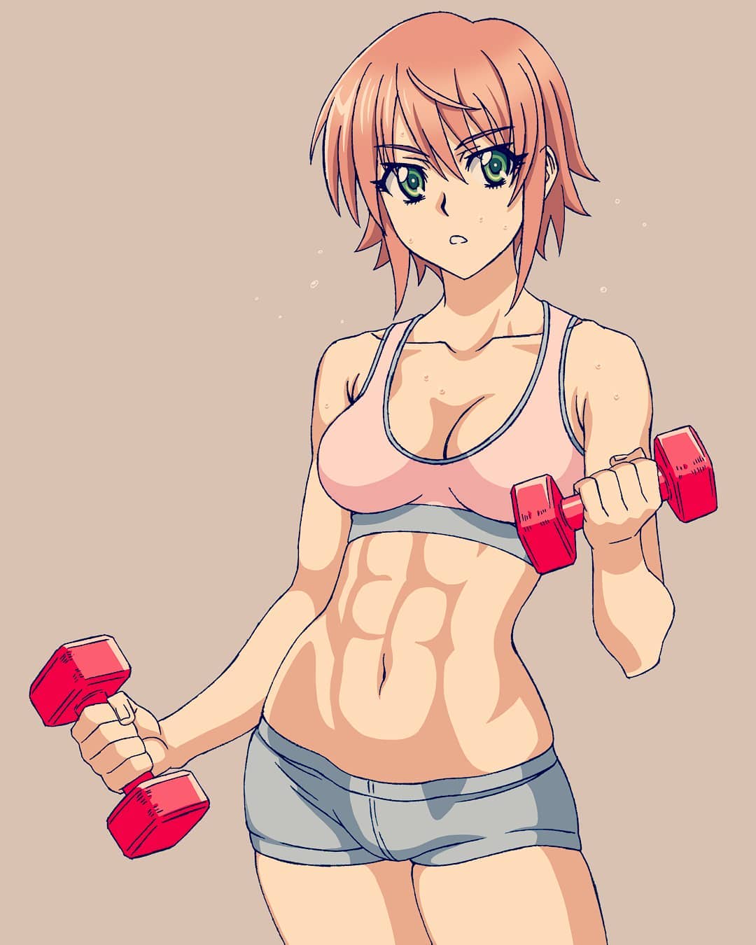1girl abs ahoge anett_hosenfeld bare_shoulders breasts cleavage green_eyes harasyu1 highres looking_to_the_side medium_breasts midriff muscle navel open_mouth schwarzesmarken short_hair short_shorts shorts simple_background solo sports_bra sweat teeth weightlifting weights
