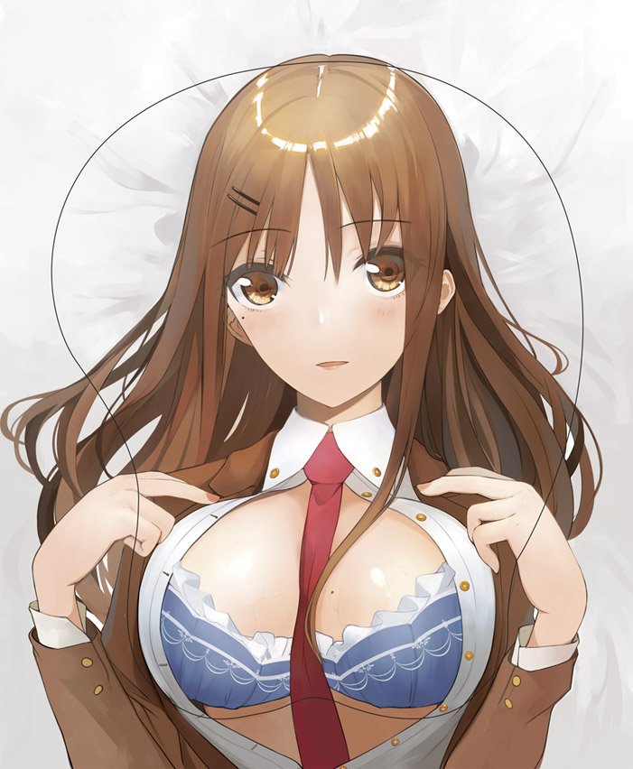 1girl blue_bra blush bra breasts brown_eyes brown_hair cleavage hair_ornament hairclip large_breasts long_hair looking_at_viewer lying necktie on_back open_clothes open_shirt original pupps red_neckwear underwear upper_body