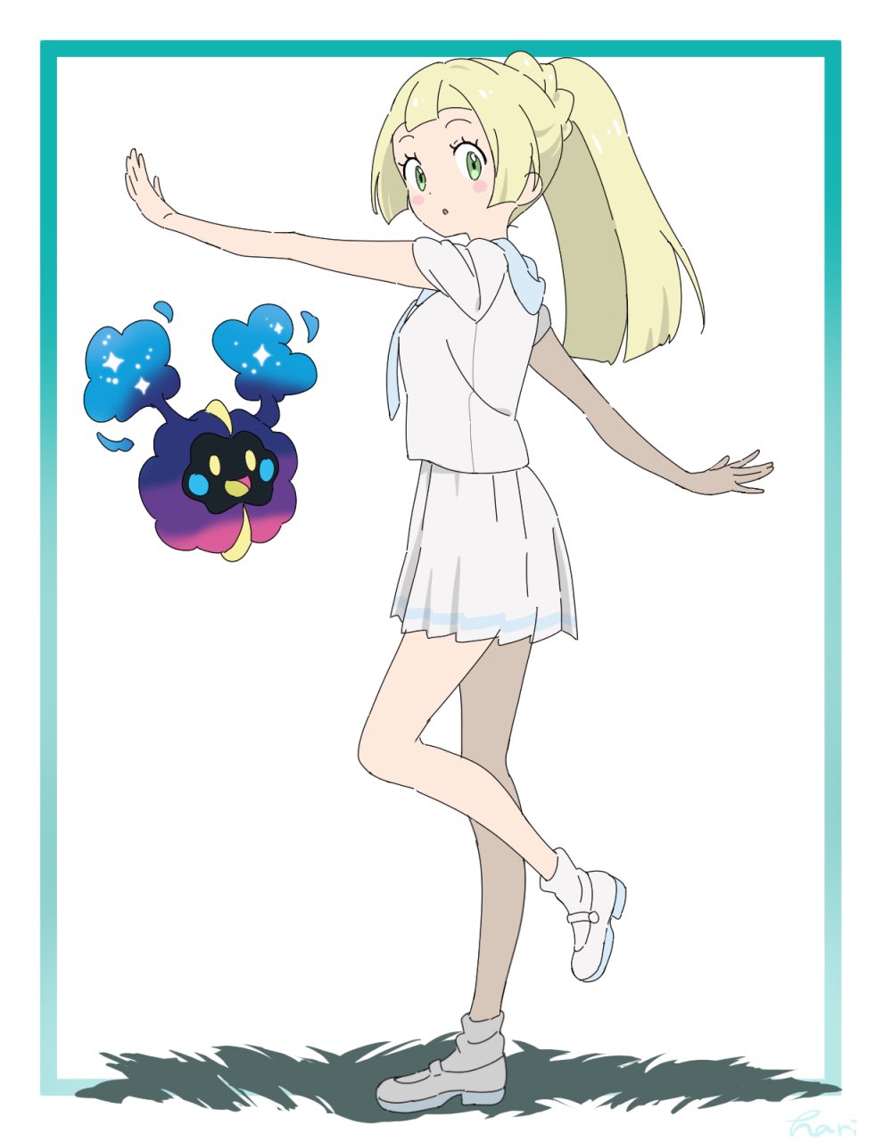 1girl blonde_hair blush_stickers cosmog creatures_(company) from_side game_freak gen_7_pokemon green_eyes hari611 highres lillie_(pokemon) long_hair looking_to_the_side nintendo pokemon pokemon_(creature) pokemon_(game) pokemon_sm ponytail shirt short_sleeves simple_background skirt standing standing_on_one_leg white_background white_shirt white_skirt